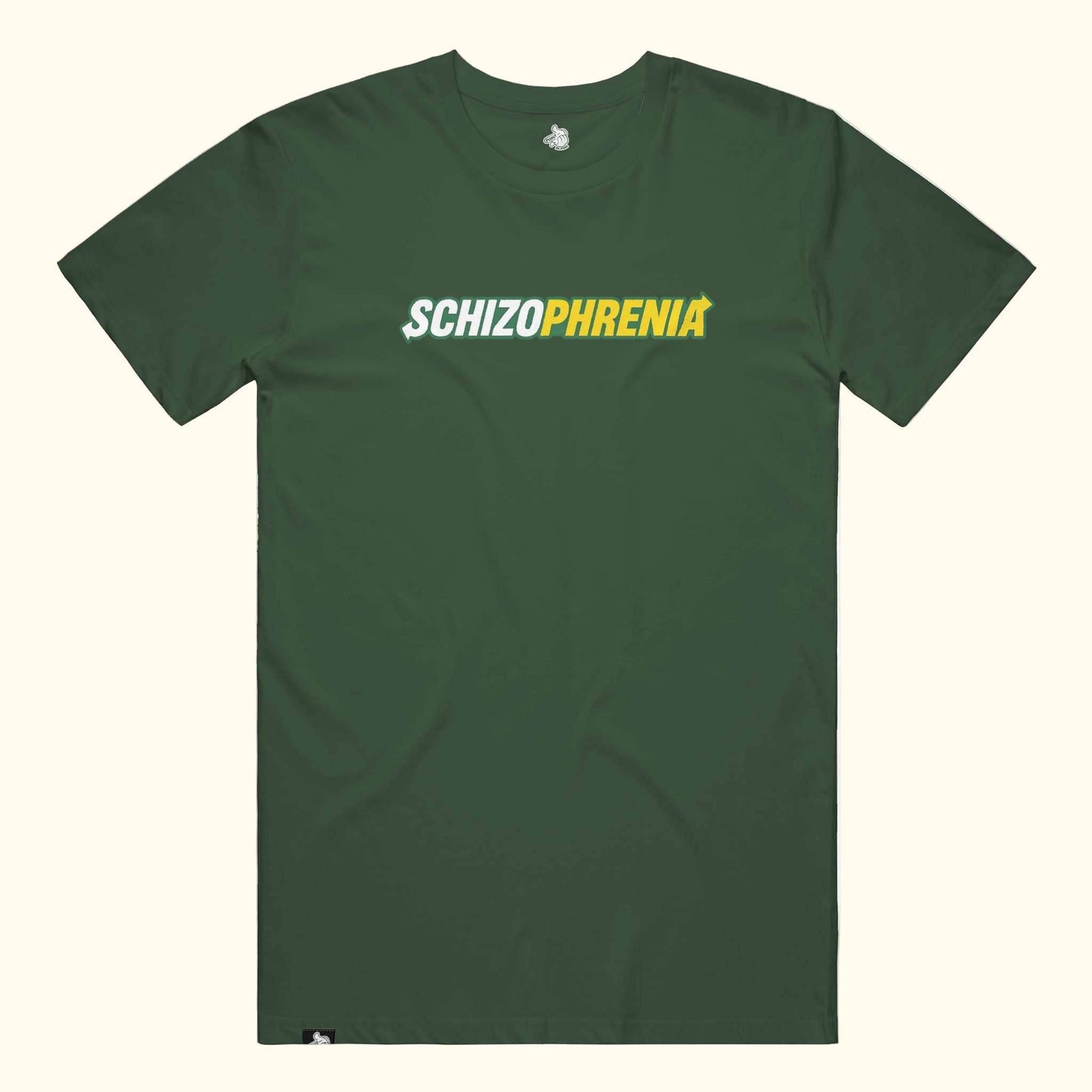 t-shirt with 'SCHIZOPHRENIA' printed in subway eat fresh Kale