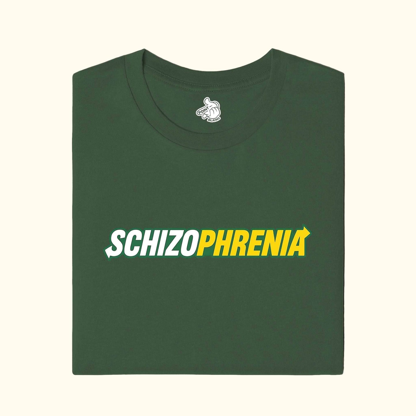 t-shirt with 'SCHIZOPHRENIA' printed in subway eat fresh Kale