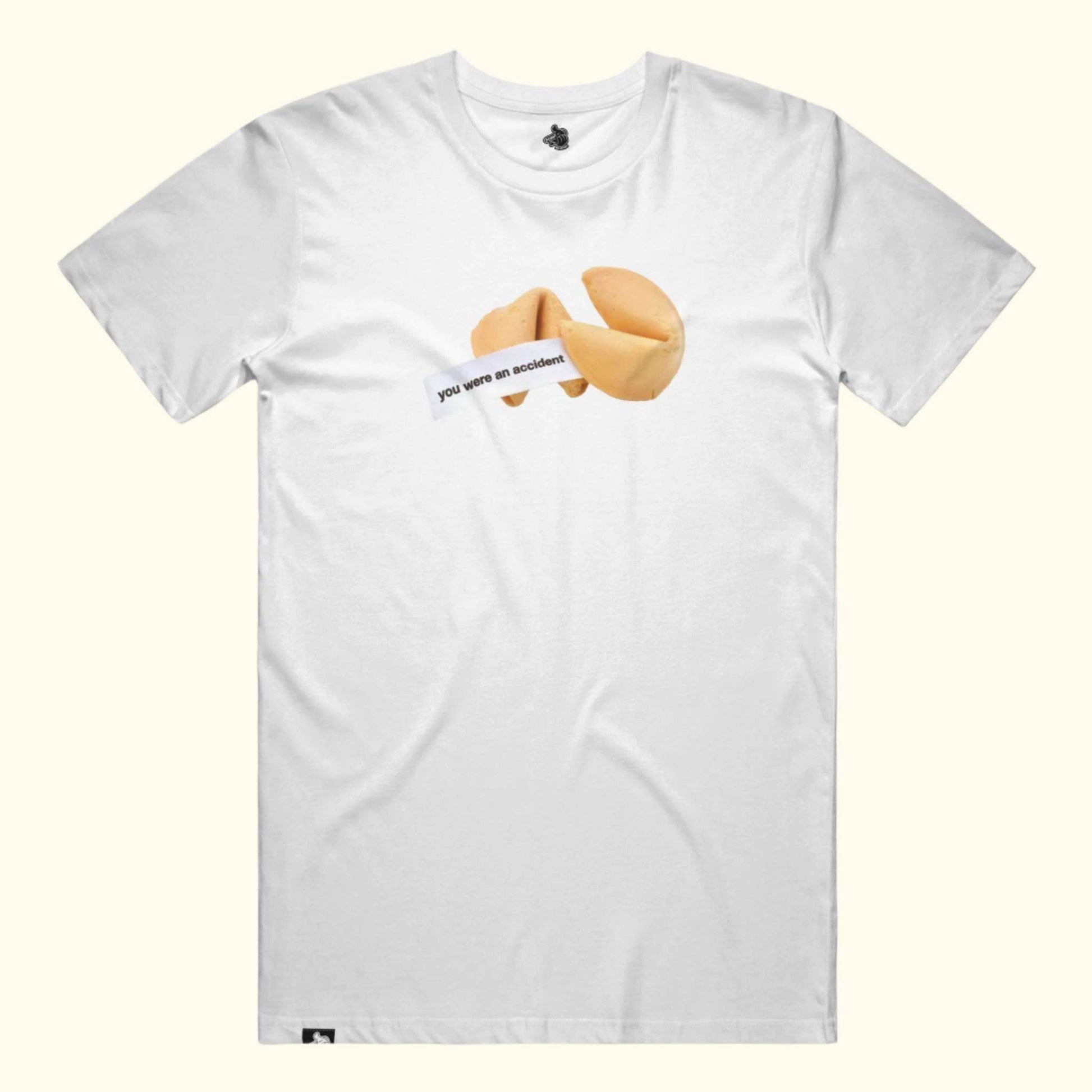 Funny fortune cookie you were an accident funny meme graphic tee tshirt t-shirt joke chinese restaurant good fortune point blanks White