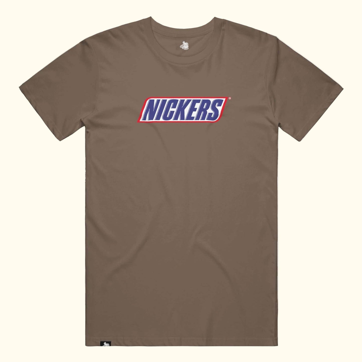 Brown t-shirt with a 'NICKERS' Snickers logo Walnut Premium Tee Point Blanks