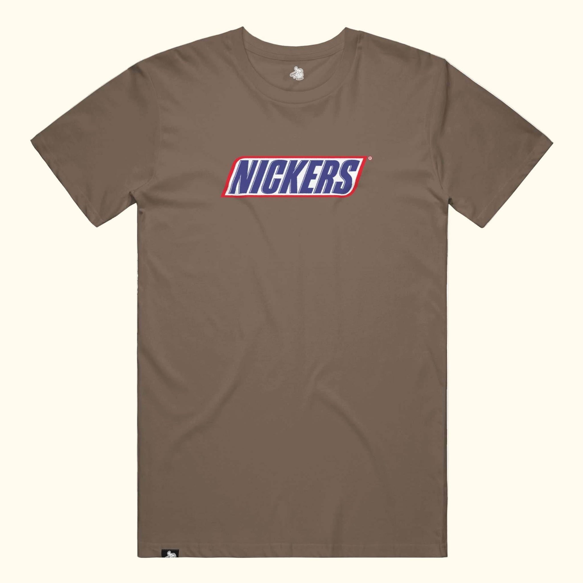 Brown t-shirt with a 'NICKERS' Snickers logo Walnut Premium Tee Point Blanks