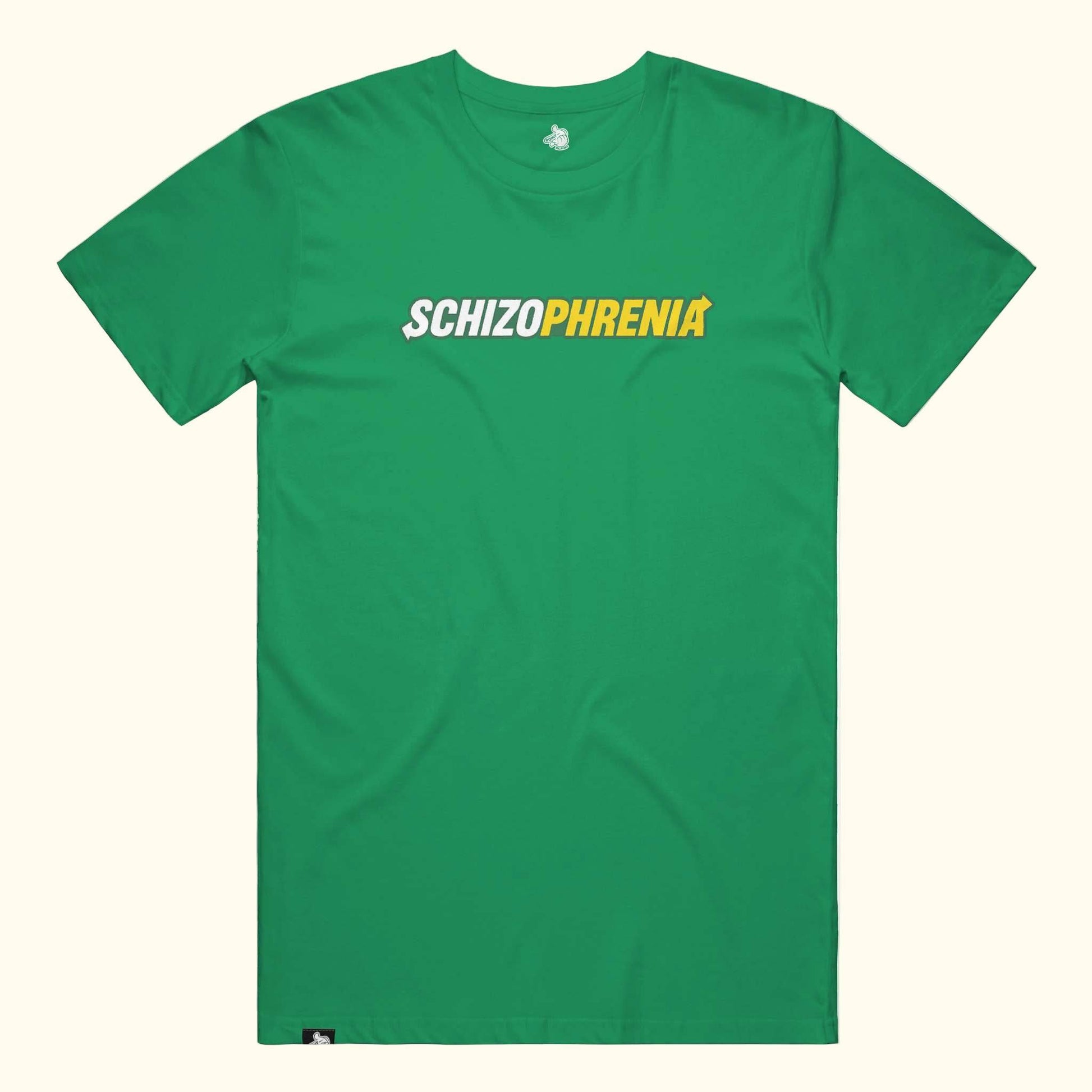 t-shirt with 'SCHIZOPHRENIA' printed in  subway eat fresh Lettuce