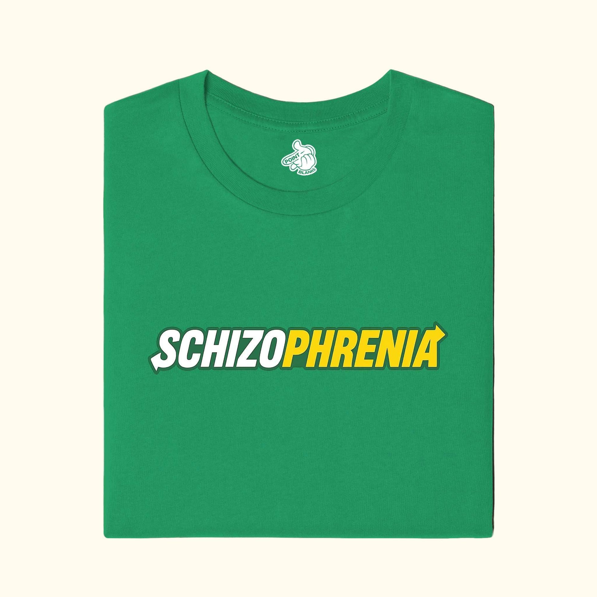 t-shirt with 'SCHIZOPHRENIA' printed in  subway eat fresh Lettuce