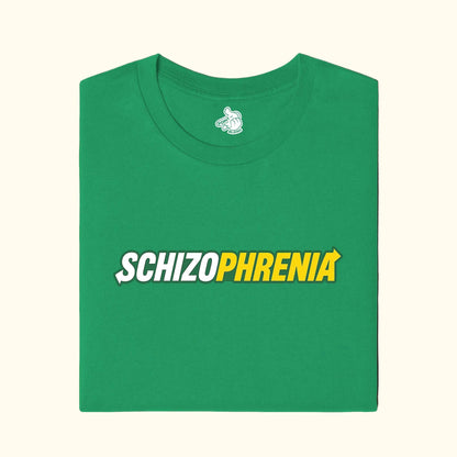 t-shirt with 'SCHIZOPHRENIA' printed in  subway eat fresh Lettuce