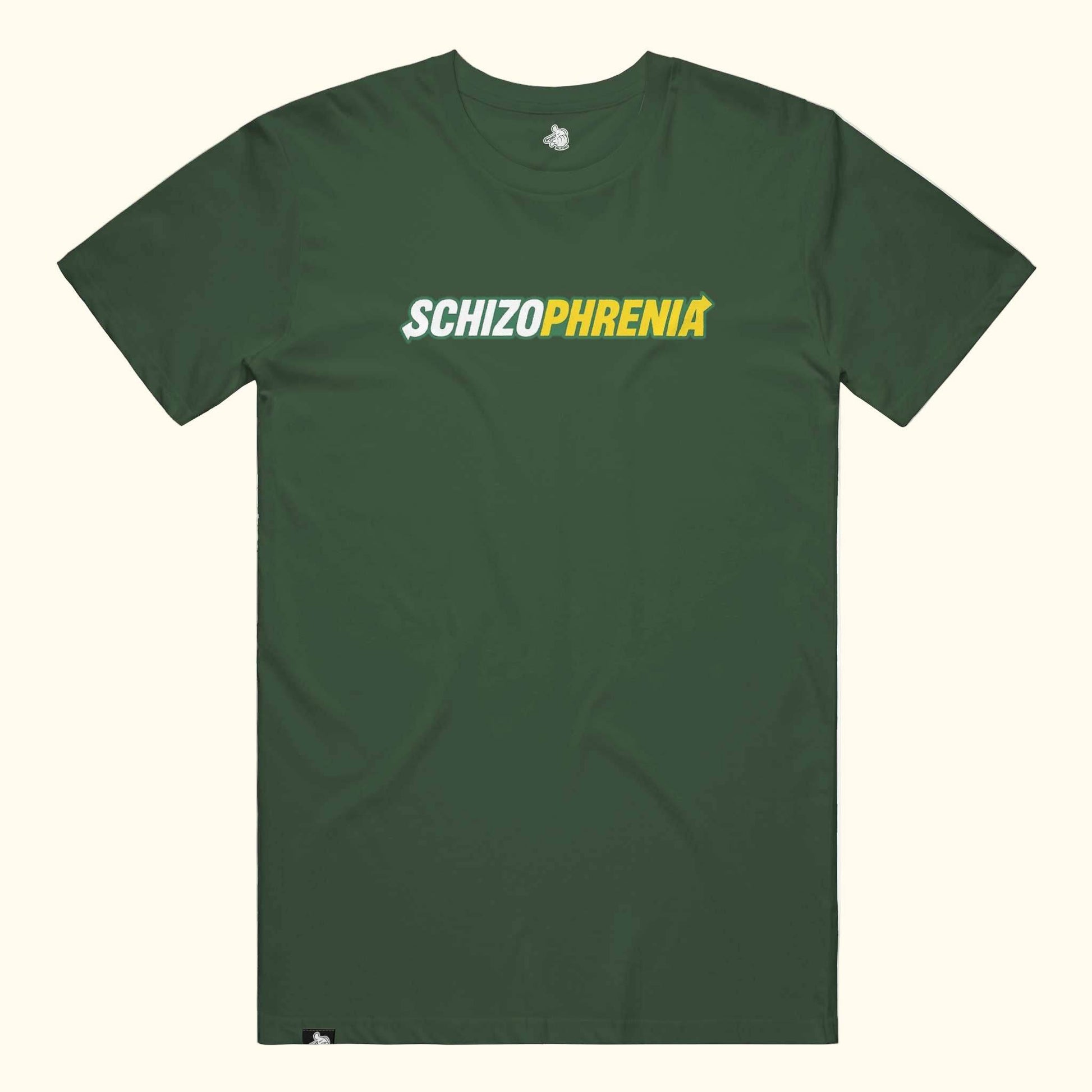 t-shirt with 'SCHIZOPHRENIA' printed in  subway eat fresh Kale