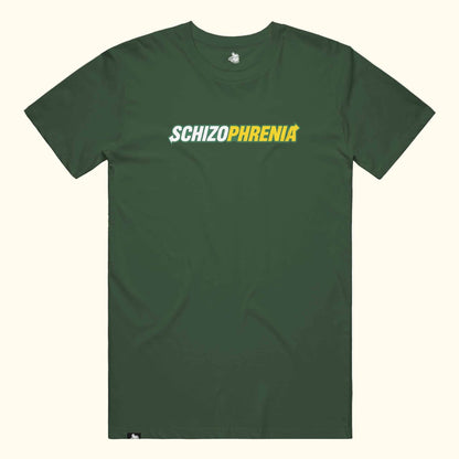 t-shirt with 'SCHIZOPHRENIA' printed in  subway eat fresh Kale