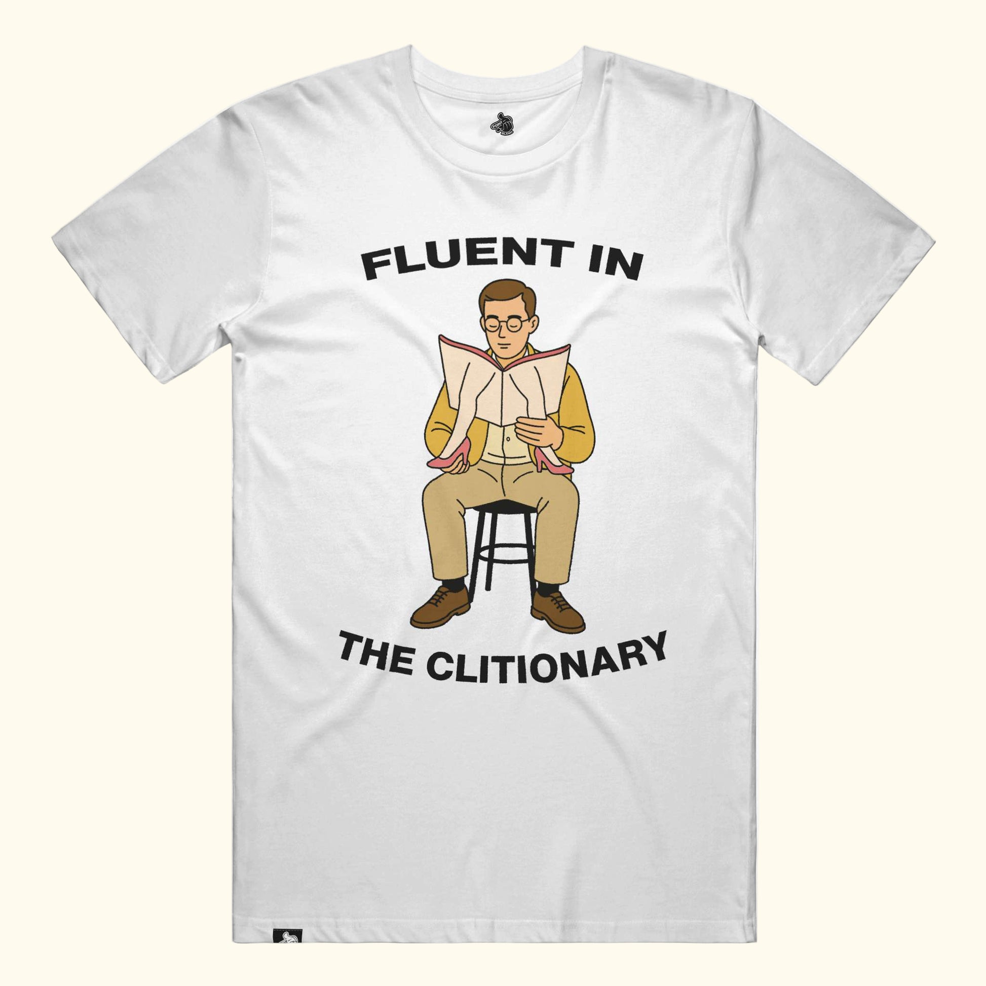 fluent in clitionary funny clit joke sex vagina meme book spread legs shirt tshirt White