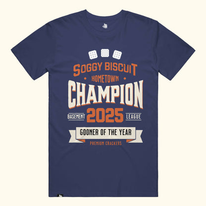 Soggy buiscut hometown champion basement league gooner of the year funny meme shirt tee funny quote tshirt Point blanks Navy